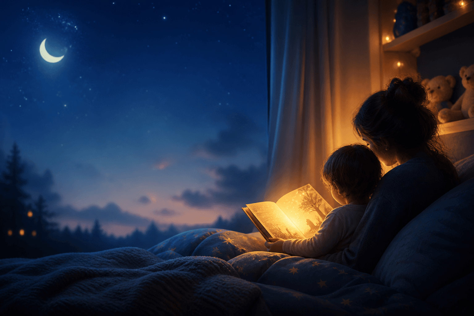 Parent and child reading a glowing bedtime story together